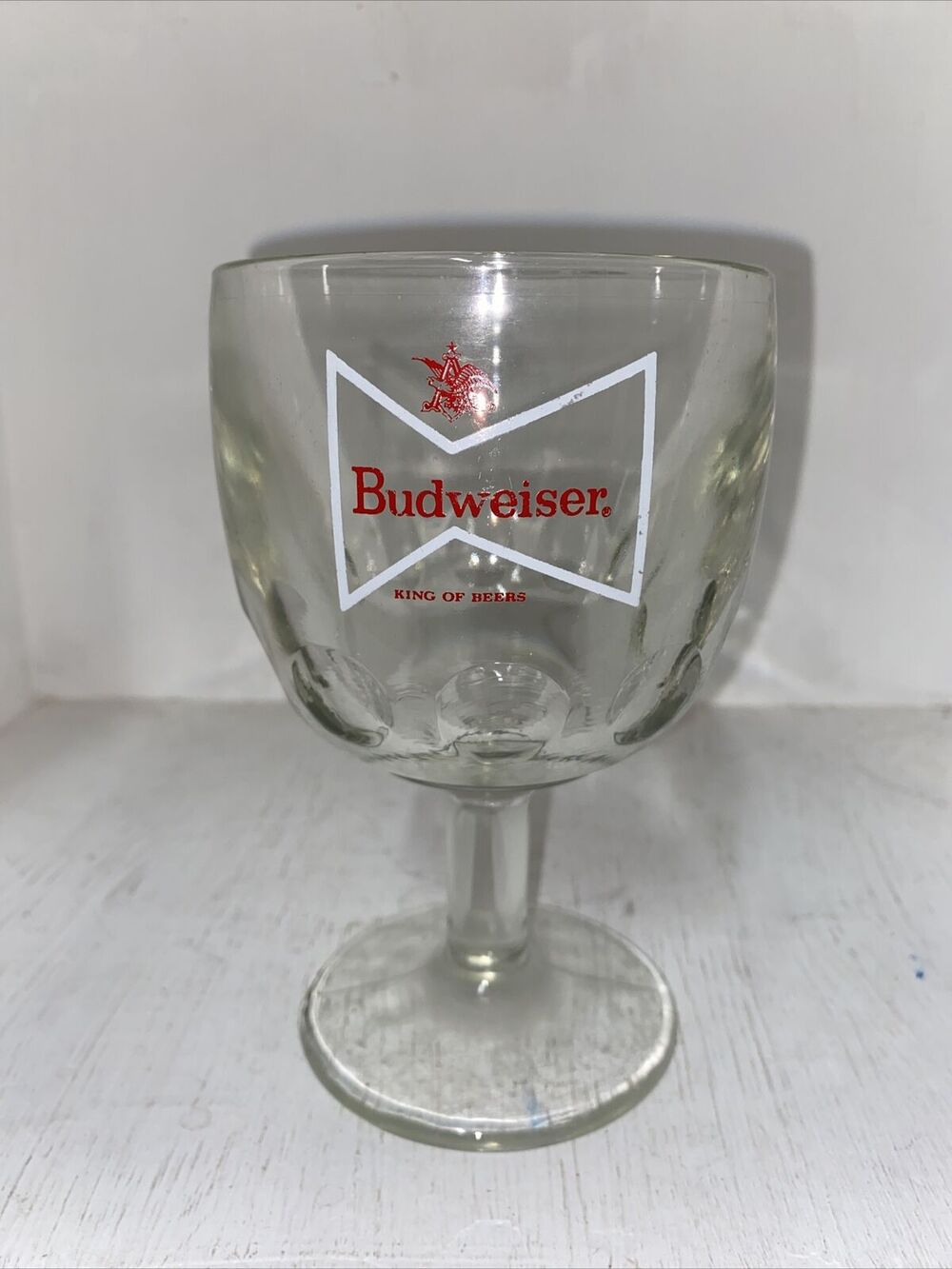Vintage Beer Thumbprint Pedestal Glass Budweiser Bow Tie Goblet Mancave Home Bar